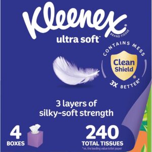 Kleenex Ultra Soft Facial Tissues, 4 Cube Boxes, 60 Tissues per Box, 3-Ply (240 Total), Packaging May Vary
